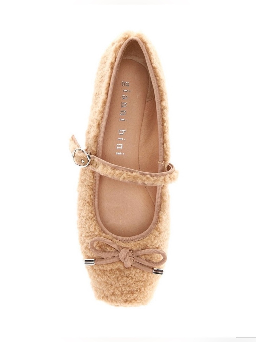 NWOB Gianni Bini JosieTwo Faux Shearling Mary Jane Flats Tan Bow Ballet Shoes Wo